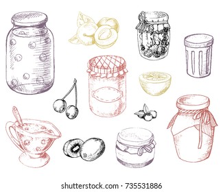 Set of jam, berries and fruits in vector