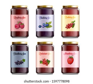 Set of jam glass jars labeled with different berries images, realistic vector mockup illustration isolated on white background. Template for canned sweet food product.