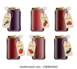 Set of jam glass jars side view with berries on label, realistic vector mockup illustration isolated on white background. Template for canned homemade confiture.