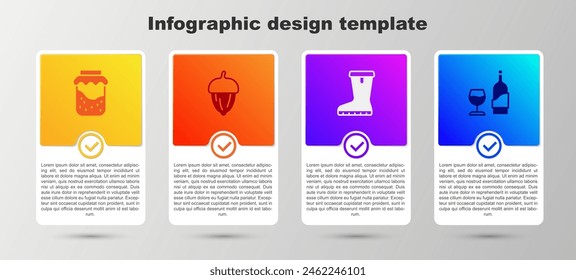 Set Tarro de mermelada, Bellota, Bota de goma impermeable y botella de vino con vidrio. Plantilla de infografía de negocios. Vector