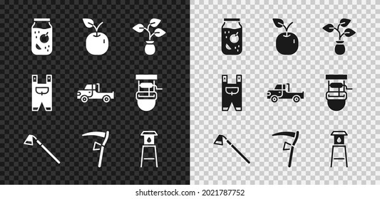 Set Jam jar, Apple, Plant, Garden hoe, Scythe, Water tower, worker clothes and Pickup truck icon. Vector