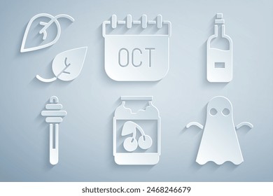 Set Jam jar, Bottle of wine, Honey dipper stick, Ghost, October calendar autumn and Leaf icon. Vector