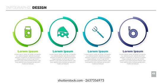 Set Jam jar, Cheese, Garden pitchfork and hose. Business infographic template. Vector