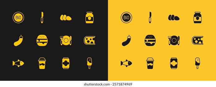 Set Jam jar, Coffee cup to go, Plate, fork and knife, Soda can, Burger, Chicken egg, Banner bio and Knife icon. Vector