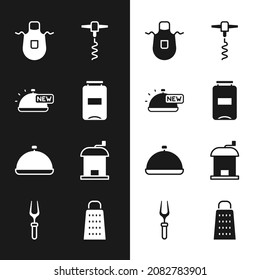 Set Jam jar, Covered with tray of food, Kitchen apron, Wine corkscrew, Manual coffee grinder, Grater and Barbecue fork icon. Vector