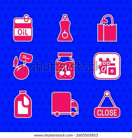 Set Jam jar, Delivery cargo truck, Hanging sign with Closed, QR code, Bottle for cleaning agent, Supermarket food products price label, Paper bag bread loaf and of olive oil icon. Vector