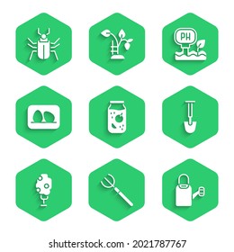 Set Jam jar, Garden pitchfork, Watering can, Shovel, Tree with apple, Chicken egg, Soil ph testing and Insect fly icon. Vector