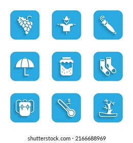 Set Jam jar, Meteorology thermometer, Bare tree, Socks, School backpack, Umbrella,  and Grape fruit icon. Vector