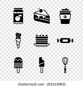 Set Jam jar, Piece of cake, Coffee cup to go, Ice cream, Kitchen whisk, in waffle cone and Cake icon. Vector