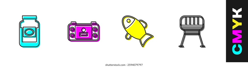 Set Jam jar, Portable video game console, Fish and Barbecue grill icon. Vector