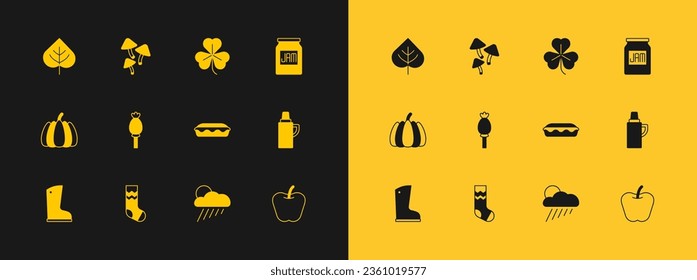 Set Jam jar, Socks, Homemade pie, Cloud with rain and sun, Opium poppy, Clover, Leaf and Mushroom icon. Vector