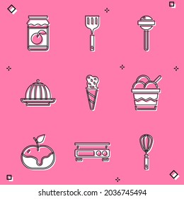 Set Jam jar, Spatula, Lollipop, Pudding custard, Ice cream waffle cone, bowl, Apple caramel and Electronic scales icon. Vector