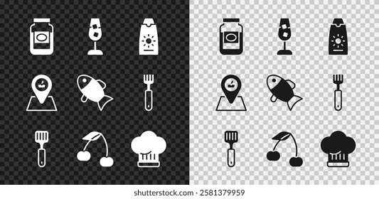 Set Jam jar, Wine glass, Sunscreen cream tube, Spatula, Cherry, Chef hat, Picnic location and Fish icon. Vector