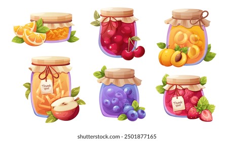 Set of jam jars. Berry, fruit jam in glass jars. Harvest, gifts of fall. Vector elements on white background