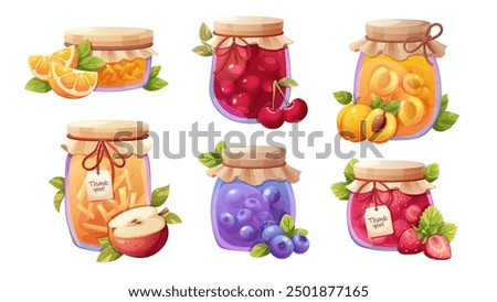 Set of jam jars. Berry, fruit jam in glass jars. Harvest, gifts of fall. Vector elements on white background