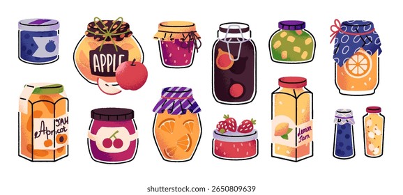 Conjunto de frascos de geleia. Frascos de vidro fechados com frutos e bagas conservados. Marmelada caseira de morango, maçã, laranja, damasco. Alimentos conservados. Ilustrações de vetor isoladas planas sobre fundo branco