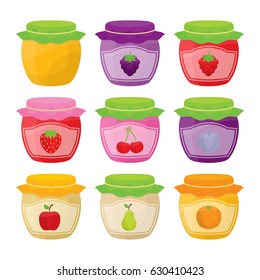 Set of jam jars with different flavors, strawberry, cherry, apple, pear, orange.