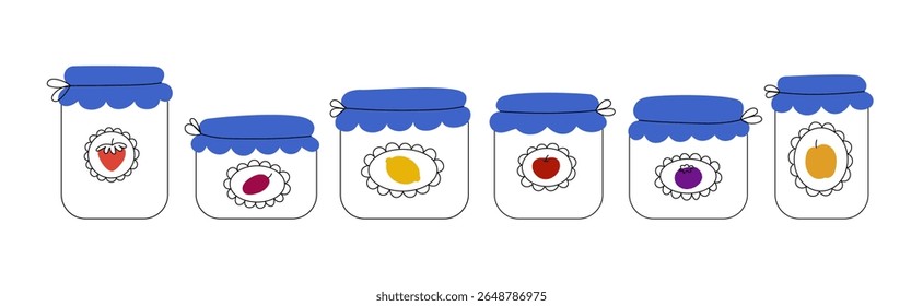 Conjunto de frascos de geleia de diferentes frutas doodle mão desenhado esboço elementos isolados no fundo branco. Rótulos de limão, morango, damasco, ameixa, maçã e mirtilo.