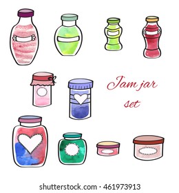 Set of jam jars with labels. Watercolor background.