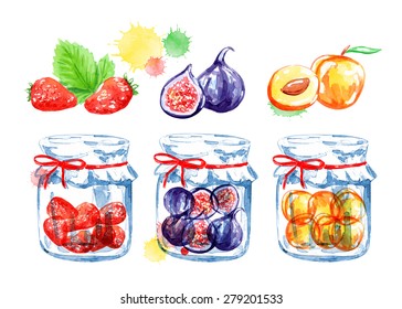 Set of jam jars. Strawberry, apricot, figs. Vector watercolor. Isolated. Food background.  Isolated elements for easy use.