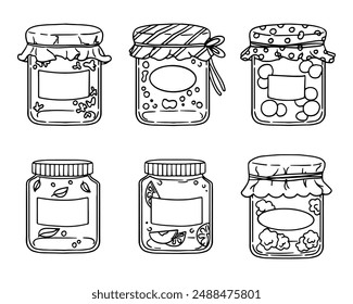 Set of jam jars. Sweet jam coloring page. Preservation of fruits. Vector illustration