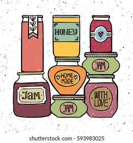 Set of jam jars. Vector illustration background. Strawberry, orange, tangerine, blackberry, blueberry, honey jars