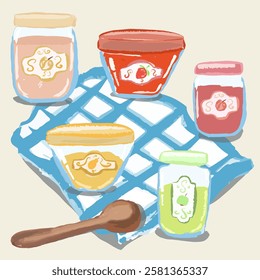 Set of jam jars and wooden spoon. Hand drawn, vector, isolated with texture. 