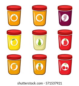Set of jam with pear, lemon, peach, orange, pineapple, grapes, strawberry, cherry and mango. Cartoon style