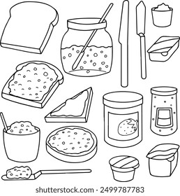 set of jam and toast, breakfast foods doodle vector illustration isolated on white background