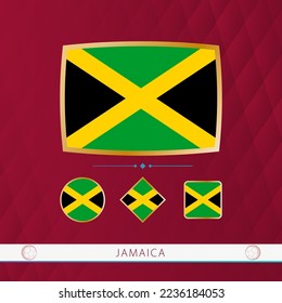 Set of Jamaica flags with gold frame for use at sporting events on a burgundy abstract background. Vector collection of flags.