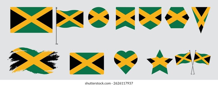 Set Jamaica. national flag vector design set  with popular shapes and brush. Jamaica flag vector illustration