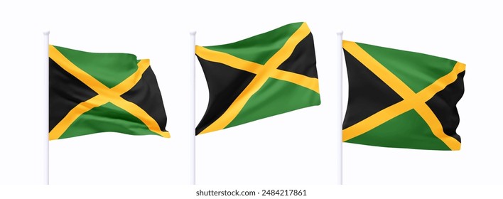 Set of Jamaican waving flag on flagpole. Realistic 3d design flag flies on the wind on isolated white background. vector illustration