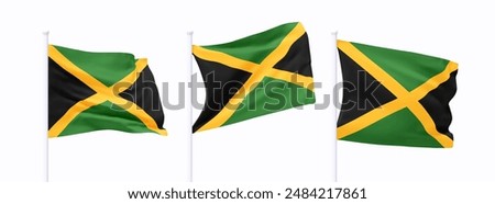 Set of Jamaican waving flag on flagpole. Realistic 3d design flag flies on the wind on isolated white background. vector illustration