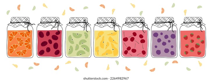 Set of jams in glass  jars. Apple, strawberry, currant, plum, pear, cherry, orange in cartoon style.