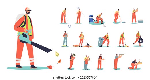 Set of janitor cartoon man in uniform using vacuum cleaner for leaves collection in different lifestyle situations and poses: cleaning swimming pool or doing renovation. Flat vector illustration