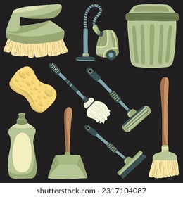 Set of Janitor and Cleaning Tools Cute Hand Drawn Illustration