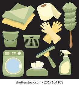 Set of Janitor and Cleaning Tools Cute Hand Drawn Illustration