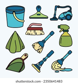 Set von Janitor- und Reinigungstools Faltenzeilensymbol