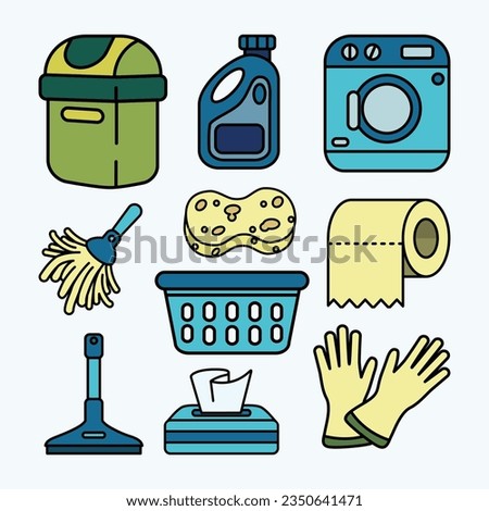 Set of Janitor and Cleaning Tools Cute Flat Line Icon