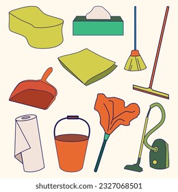 Set of Janitor and Cleaning Tools Simple Flat Line Illustration