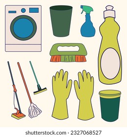 Set of Janitor and Cleaning Tools Simple Flat Line Illustration