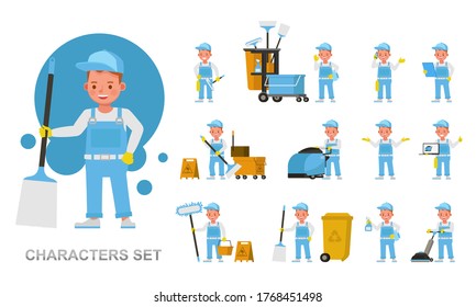 Conjunto de diseño vectorial de carácter de trabajo del niño Janitor. Presentación en acción diversa con emociones, correr, pararse y caminar.