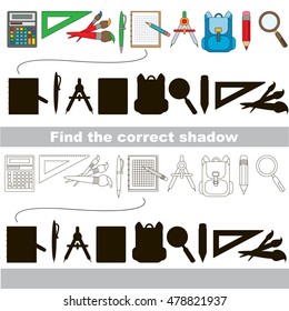 Set of s?hool janitor with shadows to find the correct one. Compare and connect objects and their true shadows. Educational kid gaming. Logic game with simple level for preschool children.