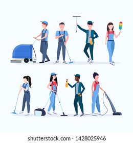 set janitors team cleaning service concept men women mix race cleaners in uniform working together with professional equipment flat full length different characters collection vector illustration
