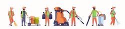 Set Janitors Team Gathering Trash Mix Race Cleaners Using Vacuum Cleaner Rack And Broom Streets Cleaning Service Concepts Collection White Background Full Length Horizontal