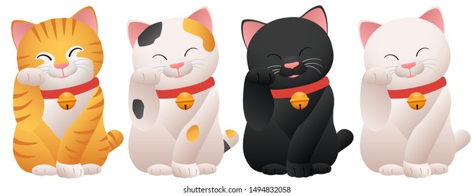 Set Of Japan Cat Or Maneki Neko Mascot Lucky Graphic Vector