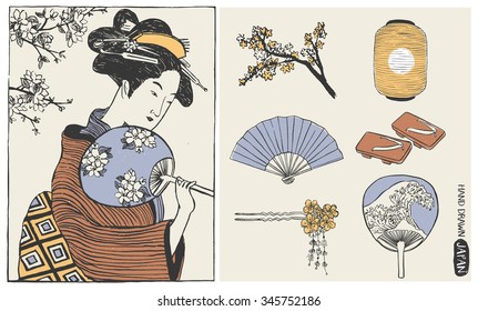 Set von japanischen Design-Elementen. Geisha Illustration von Frauen/Japanern. Handgezeichnete Vektorgrafik.