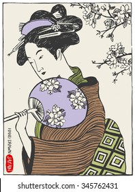 Set of Japan design elements. Geisha Woman / Japanese girl Illustration. Hand drawn vector illustration.
