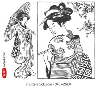 Set von japanischen Design-Elementen. Geisha Illustration für japanische Mädchen Handgezeichnete Vektorgrafik.
