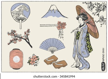 Set of Japan design elements. Geisha Woman Illustration. Hand drawn vector illustration.
